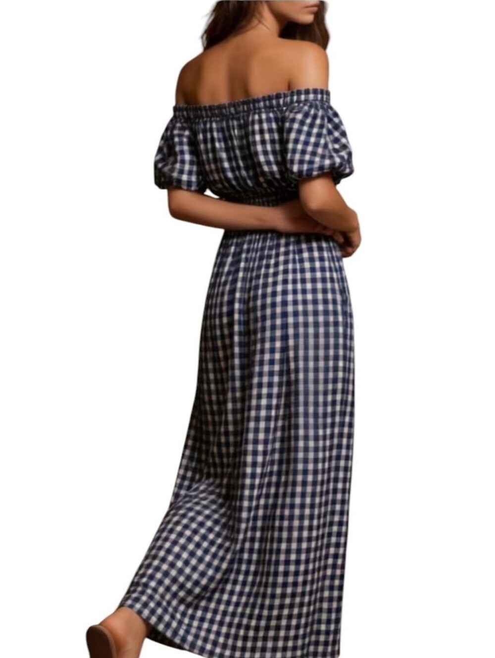 New Off-Shoulder Black & White Gingham Maxi Dress M/L - Picture 2 of 7